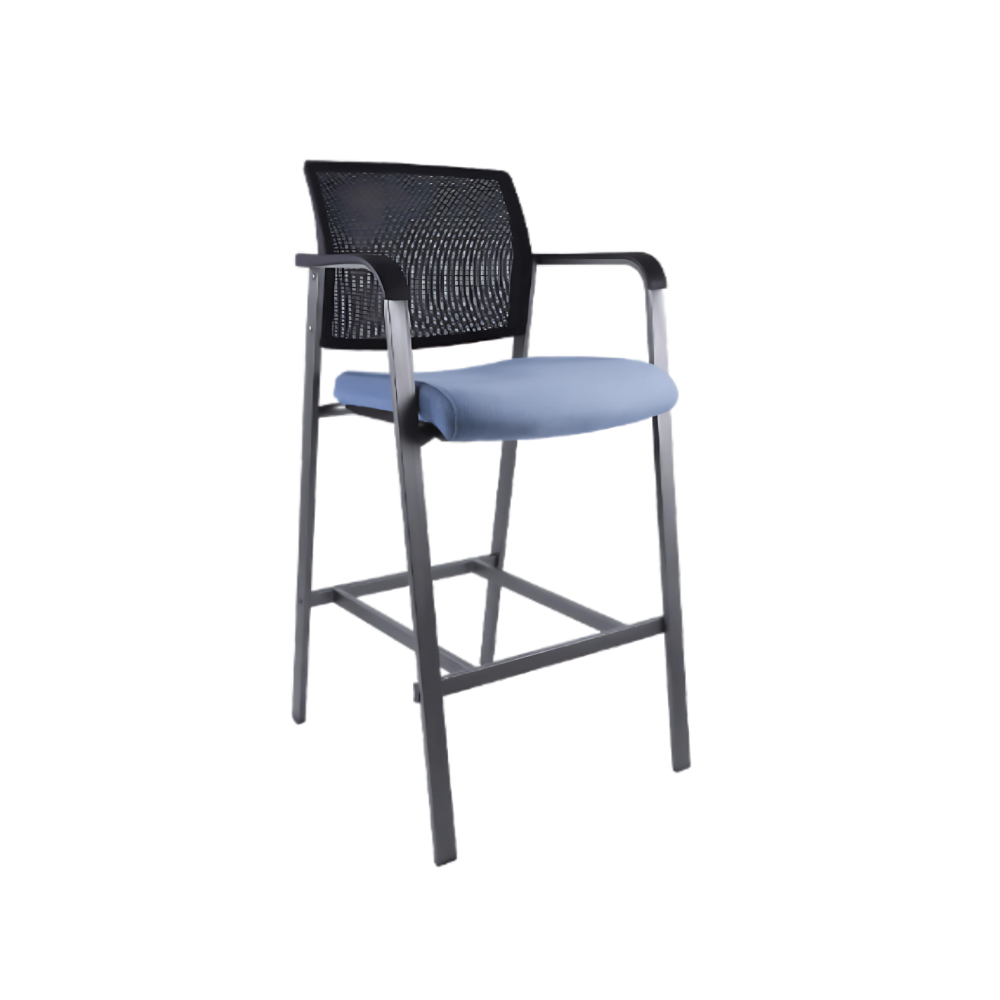 Banco alto  fabricado en estructura de tubo rectangular terminado en pintura color gris brazos de polipropileno color negro malla en respaldo Aura Muebles modelo BM-565