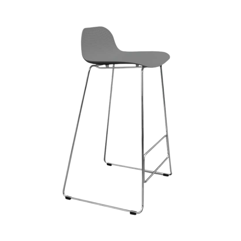 Banco alto moderno con asiento de polipropileno y estructura metálica cromada. Ideal para barras y cafeterías. Disponible en blanco, negro y gris.