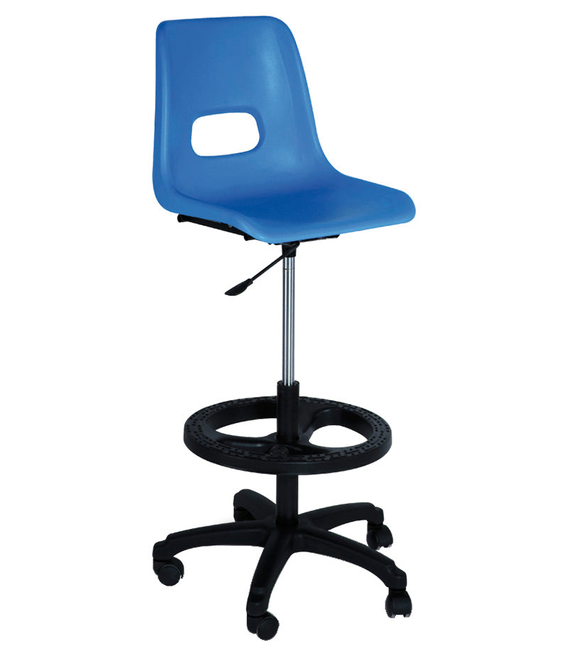 Banco alto modelo PL-19A con respaldo y base de nylon, ideal para espacios de trabajo
