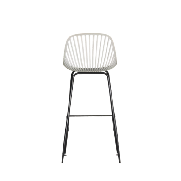 Banco medio color blanco, modelo PL-70MD BL, con estructura metálica y asiento de polipropileno. Ideal para cocina, bar o restaurante. Resistente y moderno.