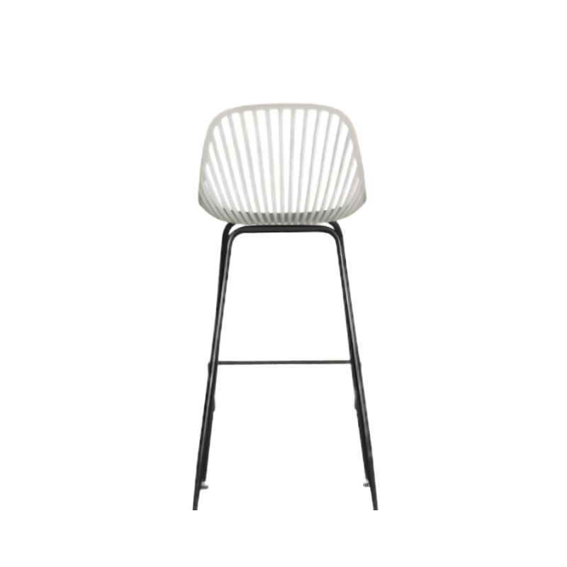Banco medio color blanco, modelo PL-70MD BL, con estructura metálica y asiento de polipropileno. Ideal para cocina, bar o restaurante. Resistente y moderno.