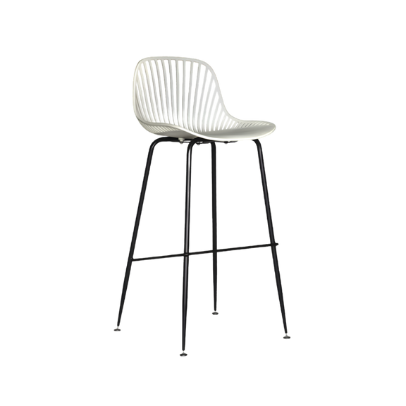 Banco medio color blanco, modelo PL-70MD BL, con estructura metálica y asiento de polipropileno. Ideal para cocina, bar o restaurante. Resistente y moderno.
