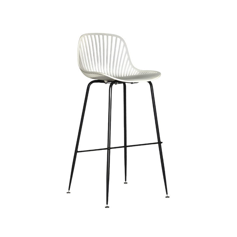 Banco medio color blanco, modelo PL-70MD BL, con estructura metálica y asiento de polipropileno. Ideal para cocina, bar o restaurante. Resistente y moderno.