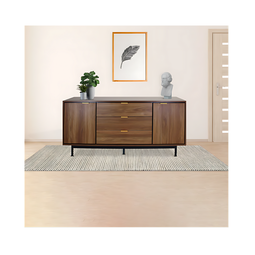 Credenza con 2 puertas y 3 cajoneras fabricada en melamina con base metálica Aura Muebles modelo MICR-03