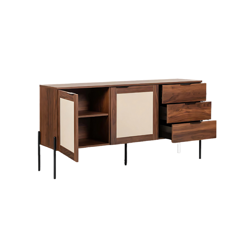 Credenza con 2 puertas y 3 cajoneras fabricada en melamina con base metálica Aura Muebles modelo MICR-04