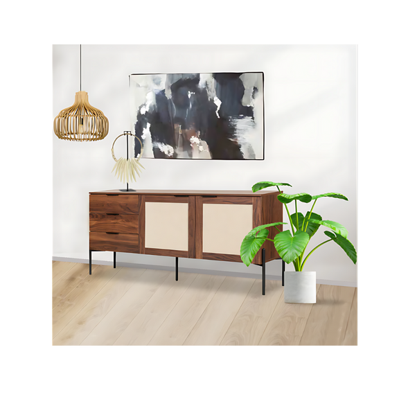 Credenza con 2 puertas y 3 cajoneras fabricada en melamina con base metálica Aura Muebles modelo MICR-04