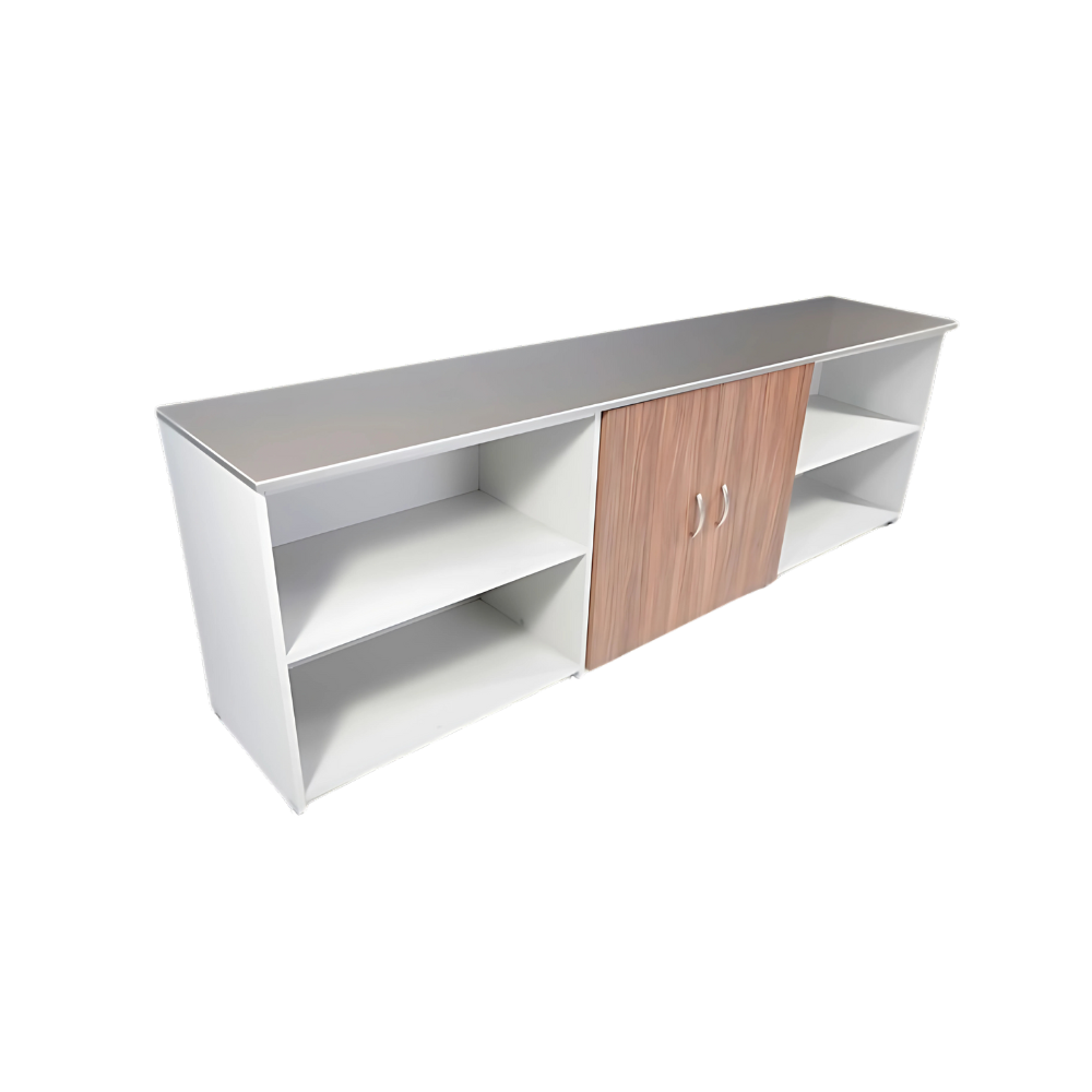 Credenza con 2 puertas fabricada en melamina cuenta con 2 entrepaños movibles acabados en todos los cantos en pvc de 1mm y niveladores Aura Muebles modelo TROYA