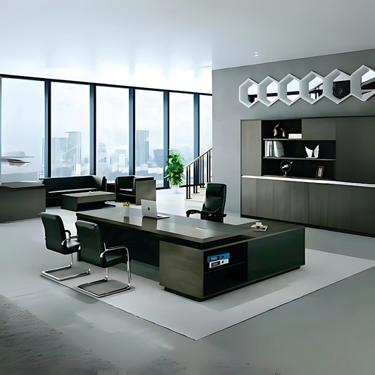 Escritorio ejecutivo con credenza lateral derecha o izquierda según sea el uso. Alza entre cubierta y credenza dando un efecto de ligereza. Aura Muebles modelo eej08.