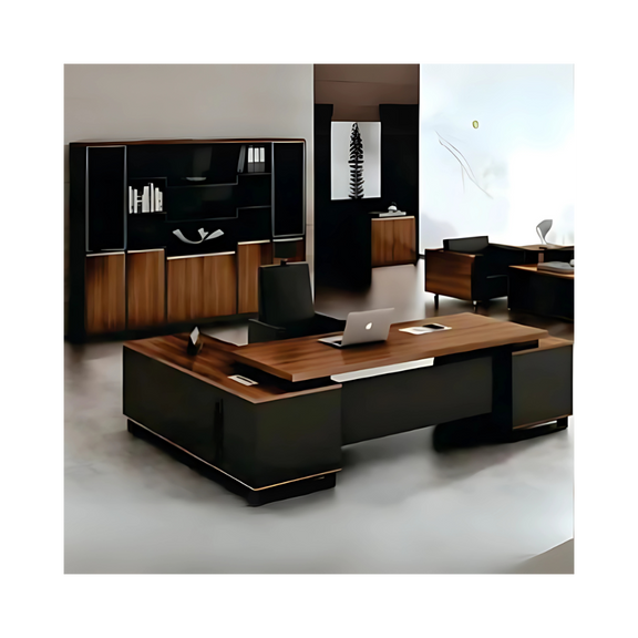 Diseño elegante y señorial combinado en color de cubiertas con pisos. Escritorio ejecutivo con credenza lateral derecha o izquierda según sea el uso. Escritorio y credenza sobre estructuras metálicas de acero Aura Muebles modelo GOBE EEJ02