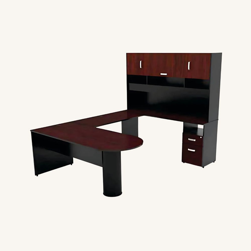 Escritorio ejecutivo con diseño elegante tradicional combinado en color o en un solo tono. Escritorio ejecutivo punta de bala o recto con puente conector a librero sobre credenza lateral derecha o izquierda según sea el uso Aura Muebles modelo MAX EEJ12