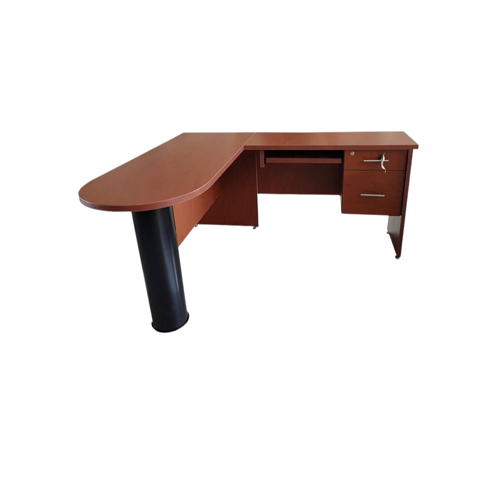 Escritorio secretarial en L Cuenta con porta teclados y cajonera con llave, pedestal color negro, fabricado en tablero laminado doble cara 28 y 16 mm con cantos termo fusionados de PVC Aura Muebles modelo ESEC23