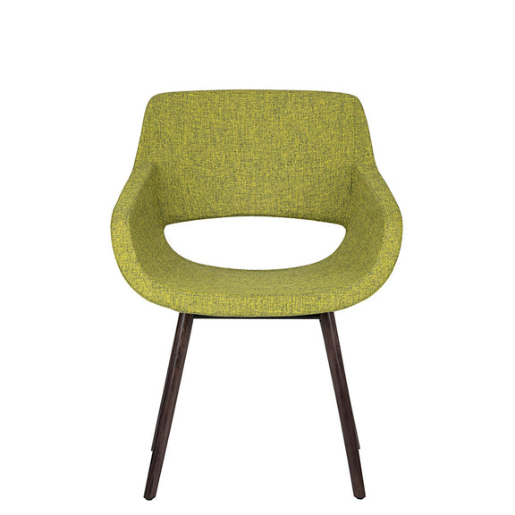 Sillón de visita Flok verde de frente con base de madera de haya disponible en colores Wenge, Negro y Natural.
