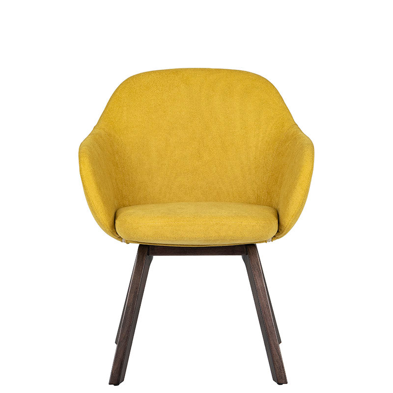 Sillón de Visita kimbra amarillo de frente con base de madera de haya disponible en colores Wenge, Negro y Natural.