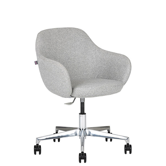 Sillón de Visita kimbra gris claro de perfil con Base de aluminio con rodajas y altura ajustable.