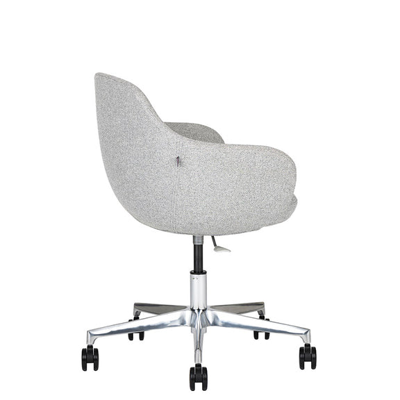 Sillón de Visita kimbra gris claro de lado y atrás con Base de aluminio con rodajas y altura ajustable.