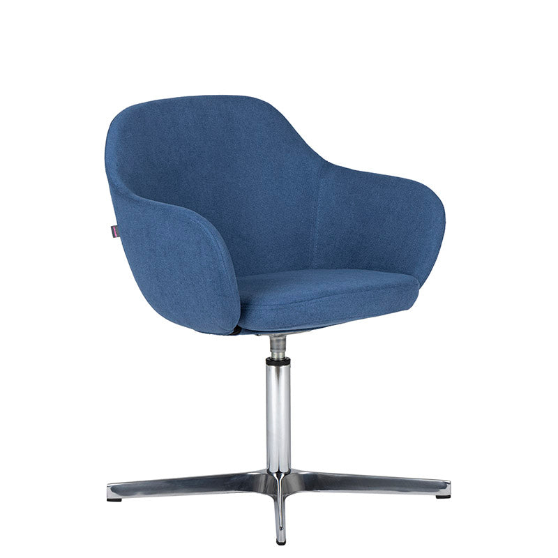 Sillón de Visita kimbra azul de perfil con base rotatoria de cuatro puntas con mecanismo de retorno.