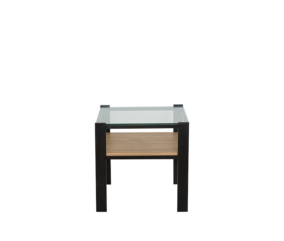 Vista frontal de mesa de centro DOS-L con cubierta de melamina y estructura en pintura epóxica.