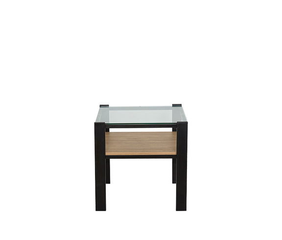 Vista frontal de mesa de centro DOS-L con cubierta de melamina y estructura en pintura epóxica.