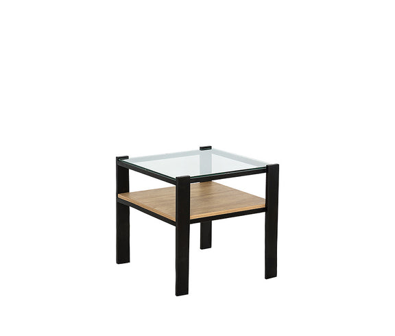 Mesa de centro modelo DOS-L con estructura metálica negra y cubierta inferior en color monarca.