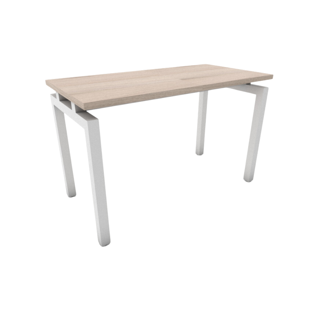 Mesa de trabajo con cubierta de melamina suspendida sobre estructura metálica de 2″ tubular cuadrado patas tipo “U” invertida y nivelador de altura ajustable medidas 100x60x75cm. Aura Muebles modelo MFU-100