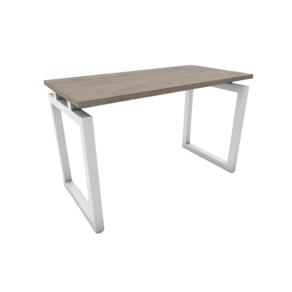 Mesa de trabajo con cubierta de melamina suspendida sobre estructura metálica de 2″ tubular cuadrado patas tipo “O” y nivelador de altura ajustable Aura Muebles modelo MT 120