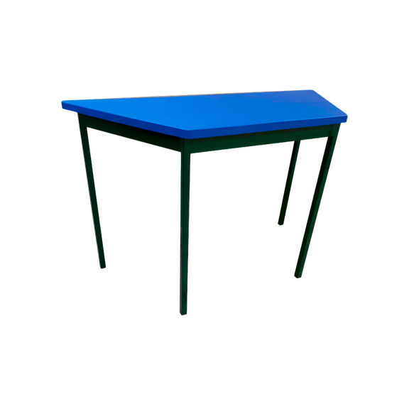 “Mesa escolar trapezoidal modelo MT-220 P con cubierta azul y estructura metálica verde”