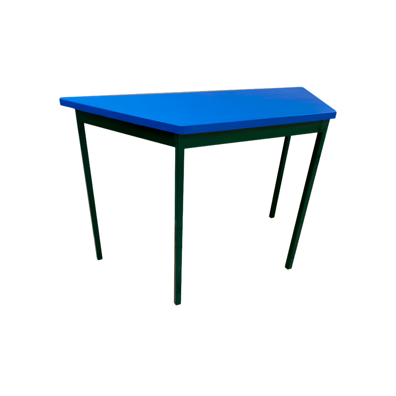 “Mesa escolar trapezoidal modelo MT-220 P con cubierta azul y estructura metálica verde”