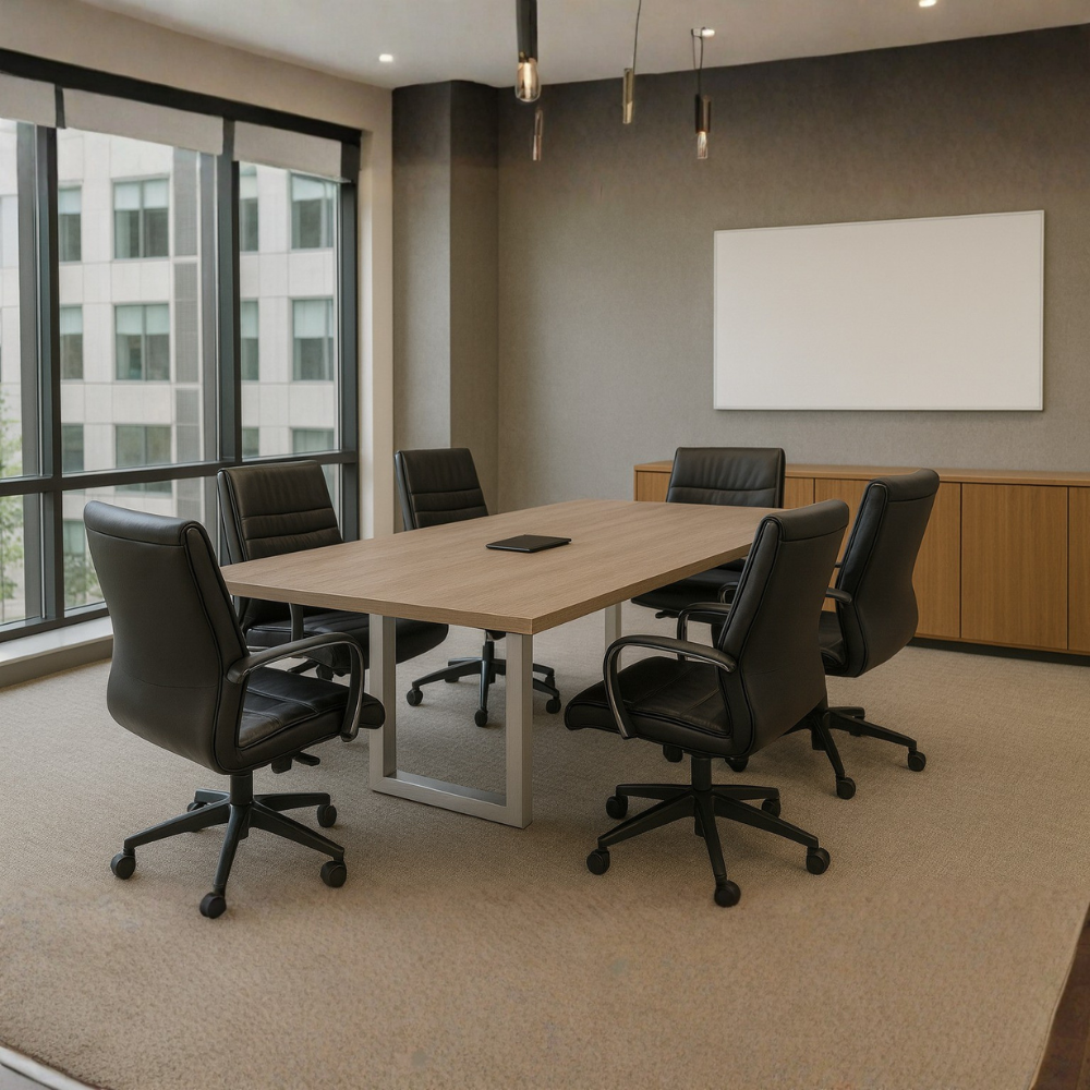 Mesas para sala de juntas con cubierta tablero laminado 28 mm doble cara con cantos termo fusionados al color. Medida: 240x 120 x 75cm. Aura Muebles modelo MEJ01