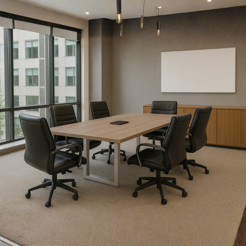 Mesas para sala de juntas con cubierta tablero laminado 28 mm doble cara con cantos termo fusionados al color. Medida: 240x 120 x 75cm. Aura Muebles modelo MEJ01