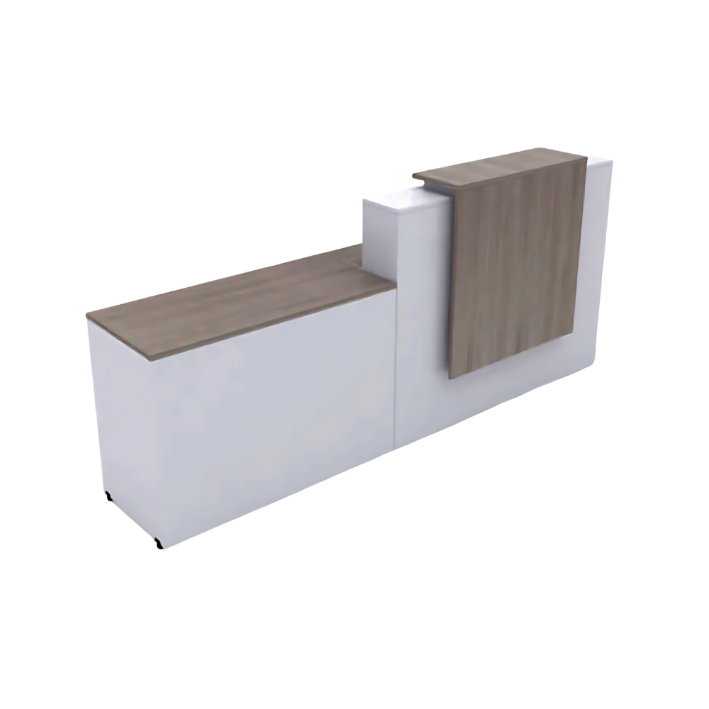 Modulo de recepcion LAILA Medida total: 240 x 60 x 75/115, con cubierta de transacción de 20 cm Engrosado superior. Cachucha en parte alta con herraje Aura Muebles modelo REC20