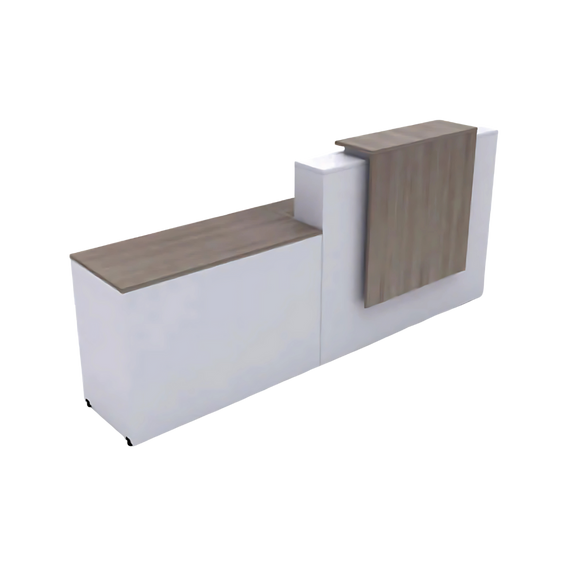 Modulo de recepcion LAILA Medida total: 240 x 60 x 75/115, con cubierta de transacción de 20 cm Engrosado superior. Cachucha en parte alta con herraje Aura Muebles modelo REC20