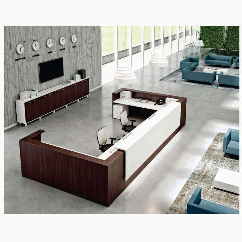 Modulo de recepcion TIEMPO con  cuadro en herradura, frente 300 x costados 200 cm x alto 110 cm, cubierta de trabajo 300 x 60 cm más dos laterales de 200 x 60 cm x 75 de alto Aura Muebles modelo REC03