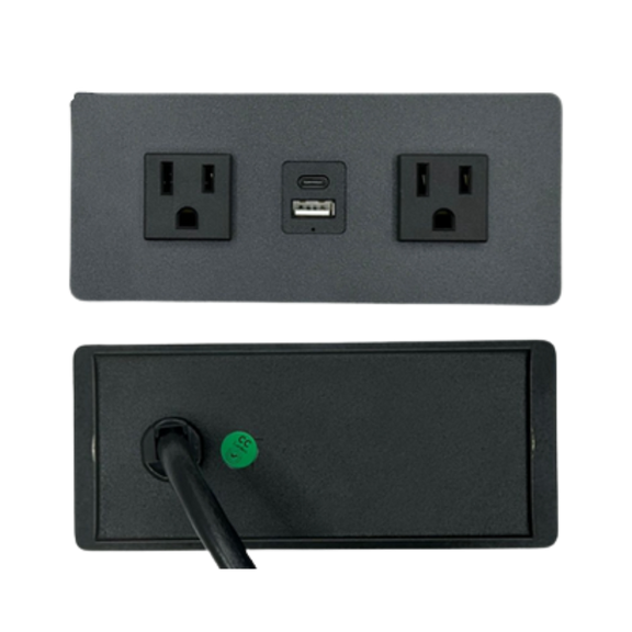 Multicontacto para escritorio BARI Empotrado libre a la superficie (no tiene tapa para ocultar contactos) 2 contactos eléctricos 127VAC/15Amax 1 puerto para USB(carga) 5VDC/1A Aura Muebles modelo PSC300