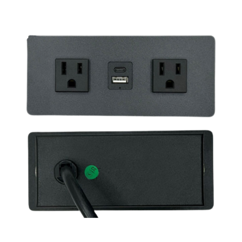 Multicontacto para escritorio BARI Empotrado libre a la superficie (no tiene tapa para ocultar contactos) 2 contactos eléctricos 127VAC/15Amax 1 puerto para USB(carga) 5VDC/1A Aura Muebles modelo PSC300