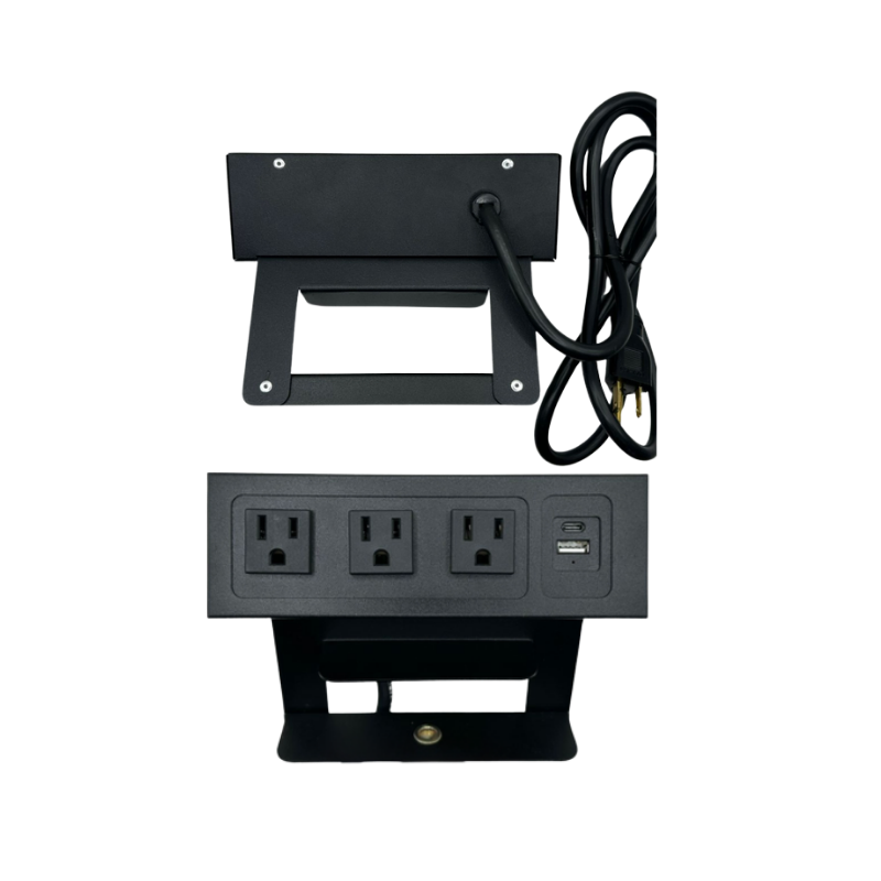 Multicontacto para escritorio con 2 contactos eléctricos 127VAC/15Amax 1 puerto para USB (carga) 5VDC/1A Cable 1.5 largo, 3 x 18 AWG Aura Muebles modelo DUBLIN G PSC-950