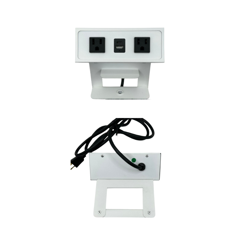 Multicontacto para escritorio DUBLIN Empotrado libre a la superficie no tiene tapa para ocultar contactos 2 contactos eléctricos 127VAC/15Amax Puerto para USB (carga) 5VDC/1A Aura Muebles modelo PSC950c