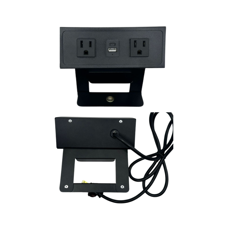Multicontacto para escritorio DUBLIN TEXTURA empotrado libre a la superficie (No tiene tapa para ocultar contactos) 2 Contactos eléctricos 127VAC/15Amax 1 Puertos para USB (Carga) 5VDC/1A Aura Muebles modelo PSC950C