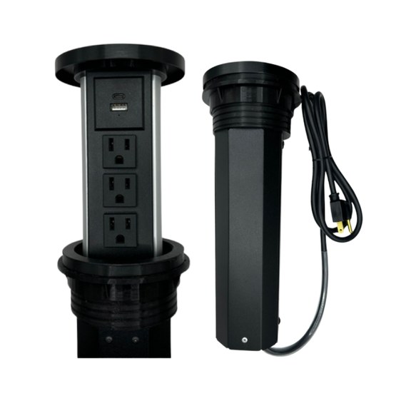 Multicontacto para escritorio con 3 contactos eléctricos 127VAC/15Amax 2 puertos USB (carga) 5VDC/1A. Rosca de instalación cable de 1.5m de longitud 3x18ADW sistema Push-up Aura Muebles modelo PISA