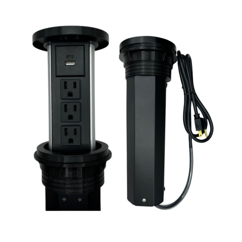 Multicontacto para escritorio con 3 contactos eléctricos 127VAC/15Amax 2 puertos USB (carga) 5VDC/1A. Rosca de instalación cable de 1.5m de longitud 3x18ADW sistema Push-up Aura Muebles modelo PISA