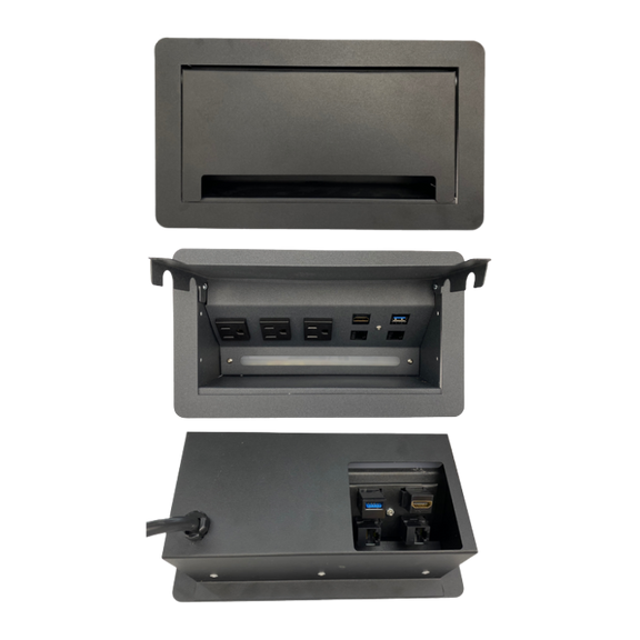 Multicontacto para escritorio PRAGA Apertura manual. Levantar la puerta de manera manual para descubrir los contactos 3 contactos eléctricos 127VAC/15Amax Aura Muebles modelo PSC800