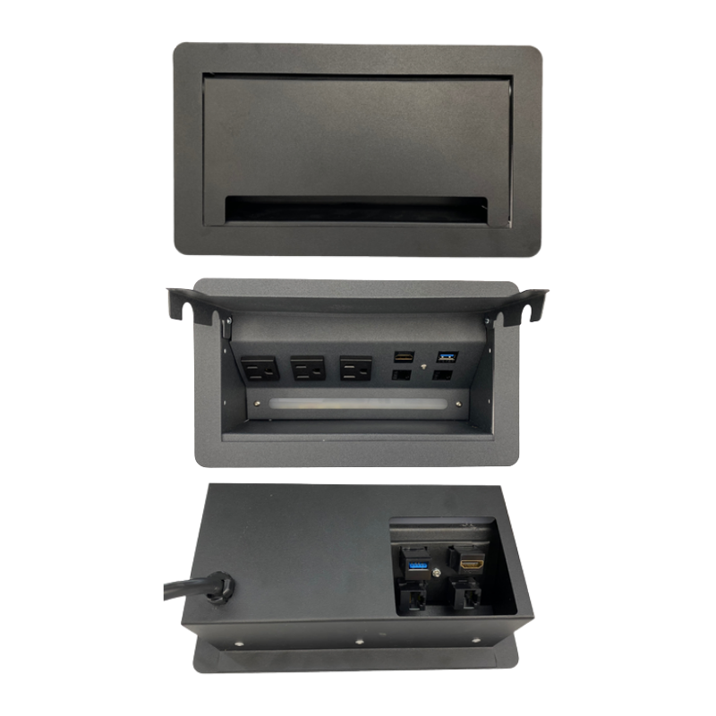 Multicontacto para escritorio PRAGA Apertura manual. Levantar la puerta de manera manual para descubrir los contactos 3 contactos eléctricos 127VAC/15Amax Aura Muebles modelo PSC800