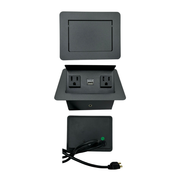 Multicontacto para escritorio VENECIA Empotrado libre a la superficie (no tiene tapa para ocultar contactos) 2 contactos eléctricos 127VAC/15Amax 1 puerto para USB (carga) 5VDC/1A Cable 1m de largo 3x 18AWG Aura Muebles modelo PSC400