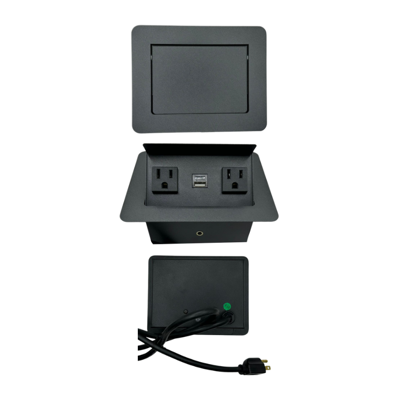 Multicontacto para escritorio VENECIA Empotrado libre a la superficie (no tiene tapa para ocultar contactos) 2 contactos eléctricos 127VAC/15Amax 1 puerto para USB (carga) 5VDC/1A Cable 1m de largo 3x 18AWG Aura Muebles modelo PSC400