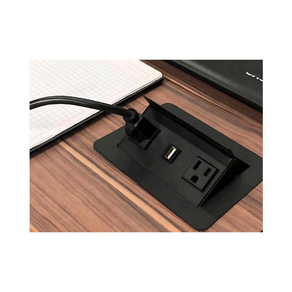 Multicontacto para escritorio VENECIA Empotrado libre a la superficie (no tiene tapa para ocultar contactos) 2 contactos eléctricos 127VAC/15Amax 1 puerto para USB (carga) 5VDC/1A Cable 1m de largo 3x 18AWG Aura Muebles modelo PSC400