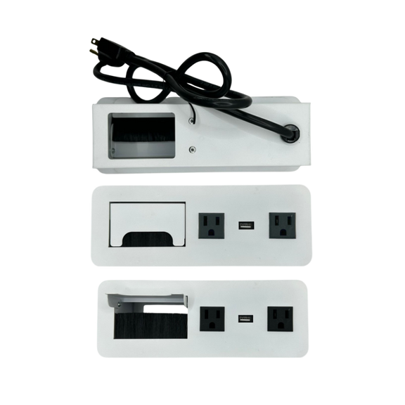 Pasacable BARI cubre polvo con características de 300 x 110mm fabricados en acero pintura epoxica 2 AC. 1 USB Carga. Hueco con tapa pasacables Aura Muebles modelo PSCPAS300