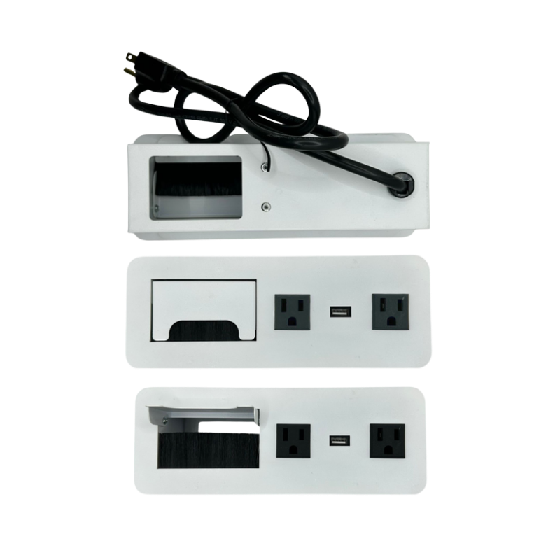 Pasacable BARI cubre polvo con características de 300 x 110mm fabricados en acero pintura epoxica 2 AC. 1 USB Carga. Hueco con tapa pasacables Aura Muebles modelo PSCPAS300