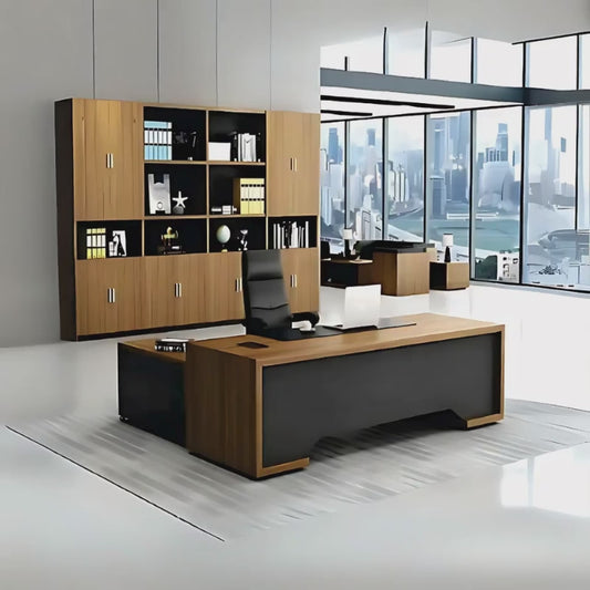 Escritorio ejecutivo, medida 180 x 70 x 75, fabricado en tablero laminado doble cara 28 mm. Pantalla faldón con resaque en bajo piso, con salientes en orillas Aura Muebles modelo EEJ09.