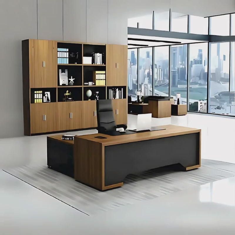 Escritorio ejecutivo, medida 180 x 70 x 75, fabricado en tablero laminado doble cara 28 mm. Pantalla faldón con resaque en bajo piso, con salientes en orillas Aura Muebles modelo EEJ09.
