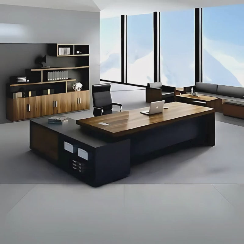Escritorio medida 180 x 80 x 75, fabricado en tablero laminado doble cara 28 mm, volado por medio de alza sobre credenza y cajonera. Credenza fabricada en tablero laminado doble cara 16 mm, medida 180 x 50 x 65. Aura Muebles modelo NONO EEJ03