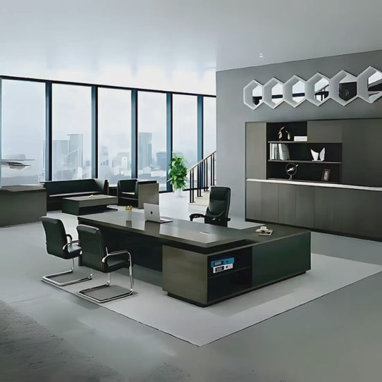 Escritorio ejecutivo con credenza lateral derecha o izquierda según sea el uso. Alza entre cubierta y credenza, dando un efecto de ligereza. Aura Muebles, modelo eej08.